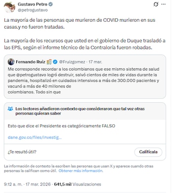 X utilizó un estudio del Dane para aclarar sus argumentos sobre las EPS - crédito @petrogustavo/X