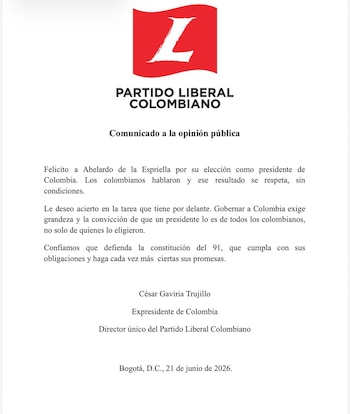 El expresidente Cesar Gaviria felicitó a Abelardo de la Espriella - crédito Partido Liberal