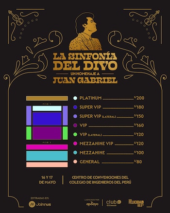 Póster negro y dorado para "La Sinfonía del Divo", un homenaje a Juan Gabriel. Muestra su silueta, fechas, lugar y tabla de precios de entradas