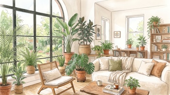 Ilustración de sala de estar con grandes ventanales, sofá beige, silla de ratán, mesa de madera, estanterías y abundantes plantas de interior.