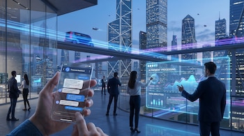 Una persona sostiene un teléfono con chatbot bancario en primer plano; detrás, otros interactúan con pantallas holográficas de IA en una oficina, con una ciudad futurista al fondo.