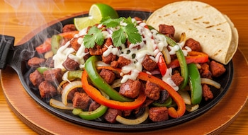 Platillo de alambre de chorizo humeante en sartén de hierro fundido, con chorizo, pimientos rojos y verdes, cebolla, queso fundido, cilantro y lima. Incluye tortillas.