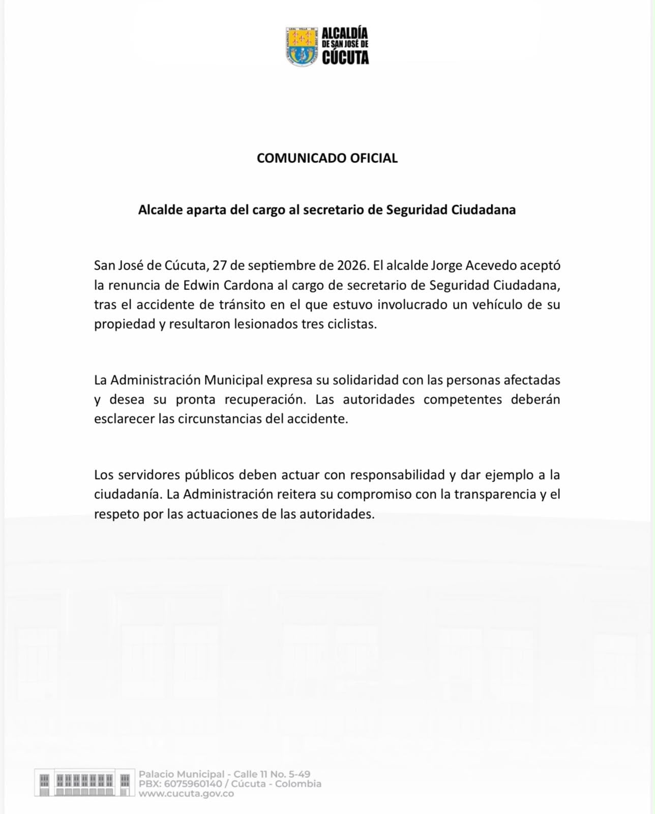El alcalde Jorge Acevedo aceptó la renuncia de Cardona Escobar, quien ejercía la titularidad de la Secretaría de Seguridad Ciudadana desde junio de 2025 - crédito Alcaldía Cúcuta