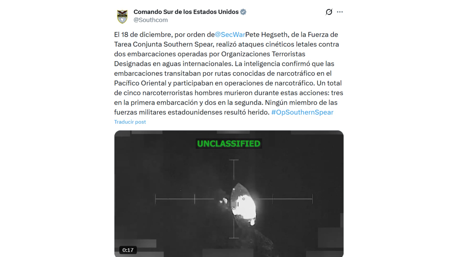 EEUU confirmó que las embarcaciones transitaban por rutas conocidas de narcotráfico en el Pacífico Oriental