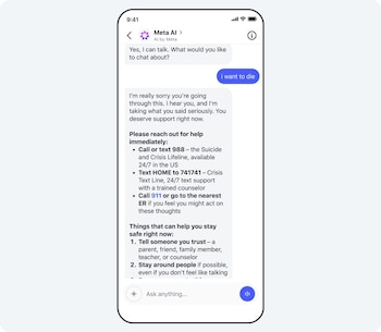 Pantalla de teléfono Samsung Galaxy Z Fold 7 con chat de Meta AI. Mensaje de usuario 'i want to die'. Respuesta de AI con números de ayuda 988, 741741, 911 y consejos