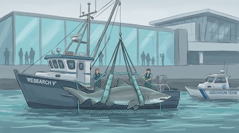 Ilustración de un barco que iza a un tiburón en una red junto a una lancha y frente a un edificio acristalado con siluetas humanas.