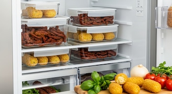 Nevera abierta con recipientes herméticos llenos de croquetas de papas y tomates secos. En primer plano, croquetas y vegetales frescos sobre una tabla de cortar.