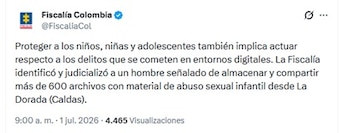 Los detalles de la captura se conocieron la mañana del miércoles 1 de julio de 2026 - crédito FiscaliaCol/X