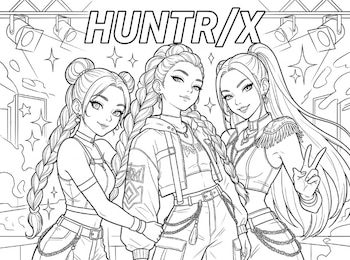 Rumi, Mira y Zoey aparecen juntas en una plantilla para colorear que permite combinar diferentes tonalidades y trabajar los detalles de sus peinados y vestuarios