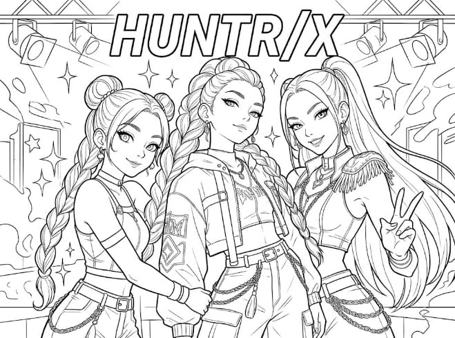 Rumi, Mira y Zoey aparecen juntas en una plantilla para colorear que permite combinar diferentes tonalidades y trabajar los detalles de sus peinados y vestuarios