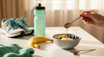 Despeje o mel em uma tigela de iogurte com rodelas de banana e manga. Sobre uma mesa branca estão garrafas esportivas, tênis e uma banana inteira.