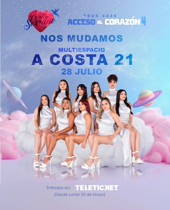 Ocho mujeres de Corazón Serrano posan sobre nubes blancas en un póster promocional. El texto anuncia su concierto "Acceso al Corazón" el 28 de julio en Costa 21