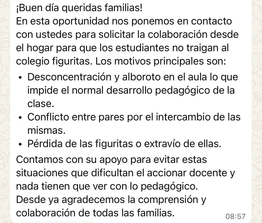 El comunicado que fue difundido a través de WhatsApp