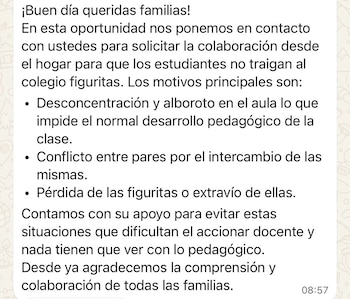 El comunicado que fue difundido a través de WhatsApp