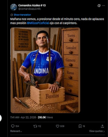 La barra brava de Millonarios publicó recientemente una imagen hecha con inteligencia artificial, haciendo alusión de que el capitán de Millonarios hace complots para sacar a los técnicos desde su estadía en el cuadro azul-crédito @comandoazulmfc/X