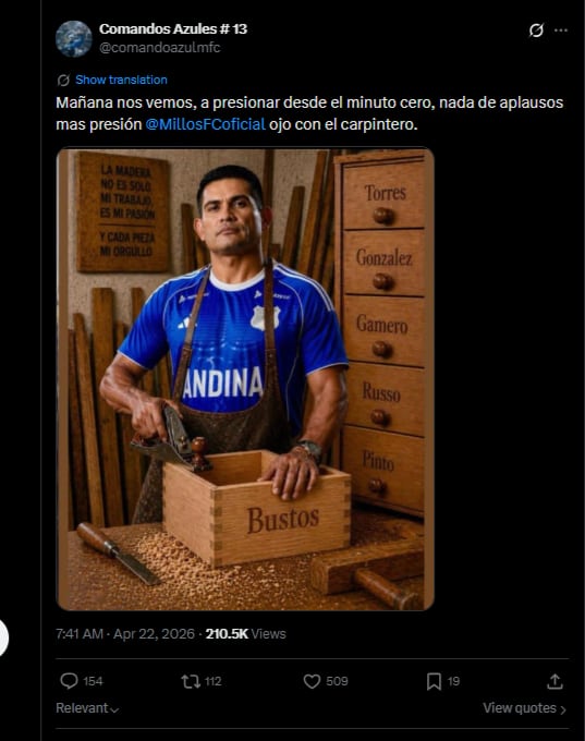 La barra brava de Millonarios publicó recientemente una imagen hecha con inteligencia artificial, haciendo alusión de que el capitán de Millonarios hace complots para sacar a los técnicos desde su estadía en el cuadro azul-crédito @comandoazulmfc/X