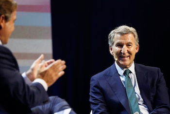 El líder del PP, Alberto Núñez Feijóo, interviene en el XXIX Congreso Nacional de la Empresa Familiar, este lunes en Madrid. (EFE/ Mariscal)