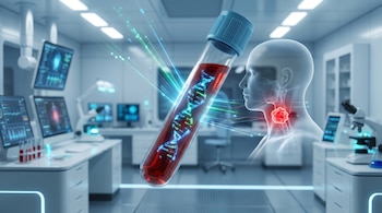 Imagen de un tubo de ensayo con ADN viral del VPH en sangre flotando, junto a una silueta de cabeza y cuello con un tumor rojo, en un laboratorio futurista.