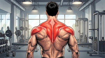 Ilustración de la espalda y hombros de un hombre caucásico musculoso en un gimnasio, con los músculos resaltados en rojo, rodeado de equipos de pesas.