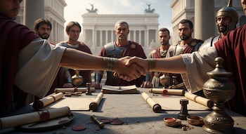 Primer plano de dos manos entrelazadas sobre una mesa con pergaminos, sellos de cera y objetos metálicos. Figuras con togas y armaduras. Edificios romanos al fondo.