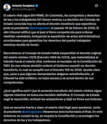 El ministro de trabajo, Antonio Sanguino, destaca la facultad judicial de emitir medidas cautelares y actos administrativos provisionales sobre el salario mínimo - crédito @AntonioSanguino/X
