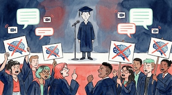 Acuarela de graduación universitaria: orador incómodo en estrado, estudiantes Gen Z protestan con togas y carteles anti-IA, rodeados de íconos de redes sociales.
