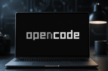 Computadora portátil abierta con el texto opencode en la pantalla, colocada sobre una mesa junto a una cámara, una taza y una lámpara.
