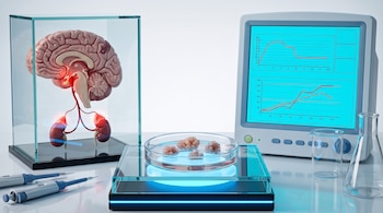 Modelo de cerebro y riñones en urna de vidrio junto a una placa de Petri, un monitor con gráficos, dos pipetas e instrumental de vidrio.