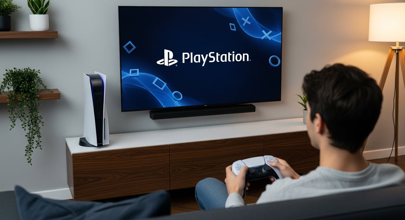 Un joven disfruta de una sesión de juego en su PlayStation 5, con el logo oficial de PlayStation visible en la pantalla del televisor, sumergido en el entretenimiento desde la comodidad de su sala. (Imagen Ilustrativa Infobae)