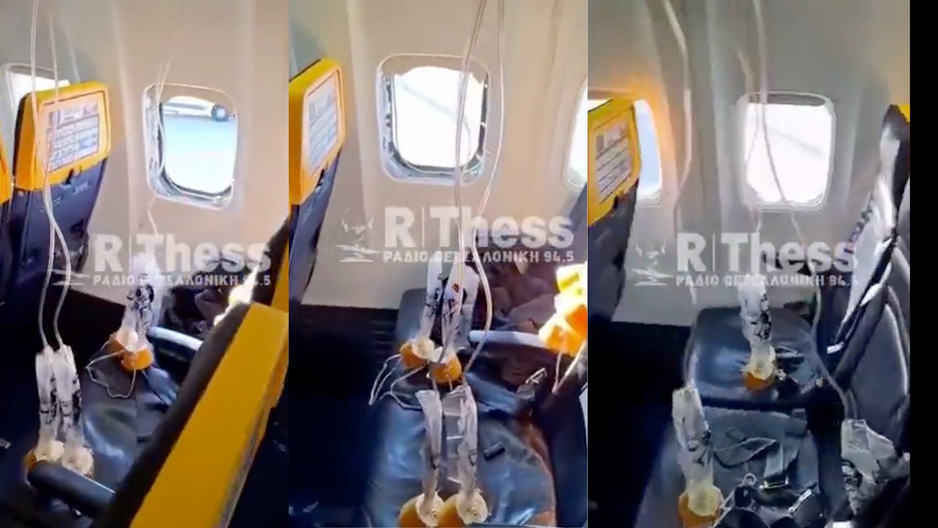 Así quedaron los asientos y la ventanilla rota en el vuelo de Ryanair.