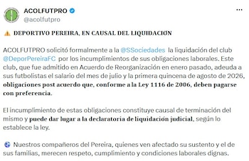 Acolfutpro anunció la solicitud de liquidación judicial del Deportivo Pereira por incumplimientos laborales. - crédito @acolfutpro/X
