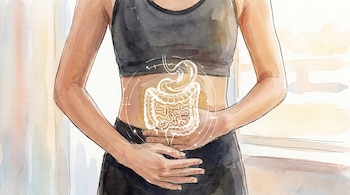 Ilustración en acuarela de una persona con un top oscuro y las manos en el abdomen, con una superposición brillante del sistema digestivo en el área central.