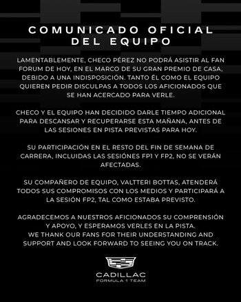 Comunicado de la escudería Cadillac sobre el estado de salud de Checo Pérez.