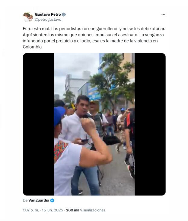 Gustavo Petro se pronunció en su cuenta de red social tras la agresión a los periodistas - @petrogustavo/X