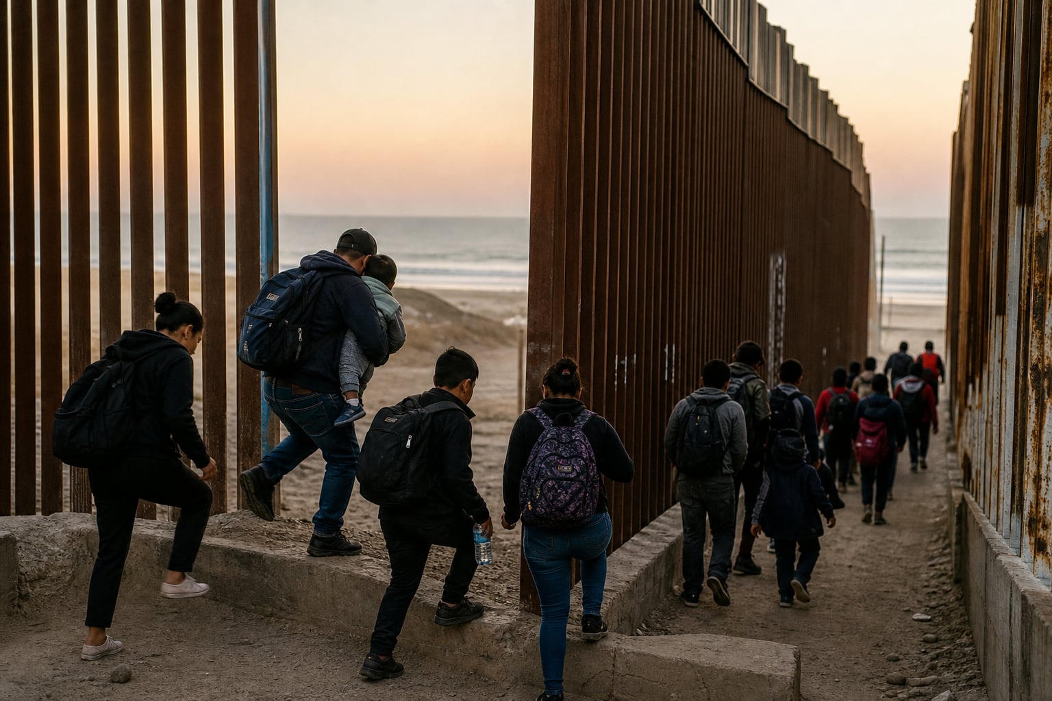 Un grupo de personas avanza junto a la valla de Tijuana en un contexto de incremento de deportaciones de guatemaltecos desde Estados Unidos. (Imagen Ilustrativa Infobae)