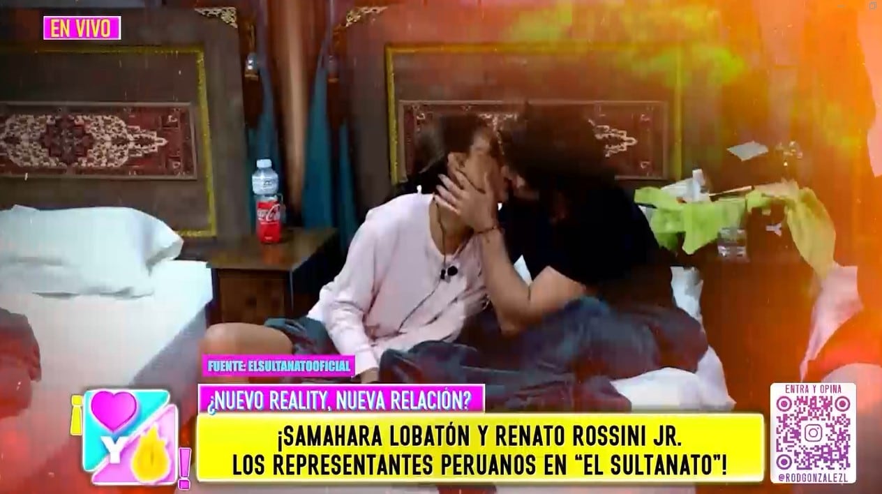 Samahara Lobatón y Renato Rossini Jr. se besan sobre una cama durante una escena del programa de realidad El Sultanato.