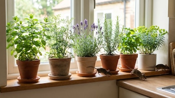 Seis plantas aromáticas en macetas de terracota y cerámica alineadas en el alféizar de una ventana; tres ratones pequeños corren por debajo.