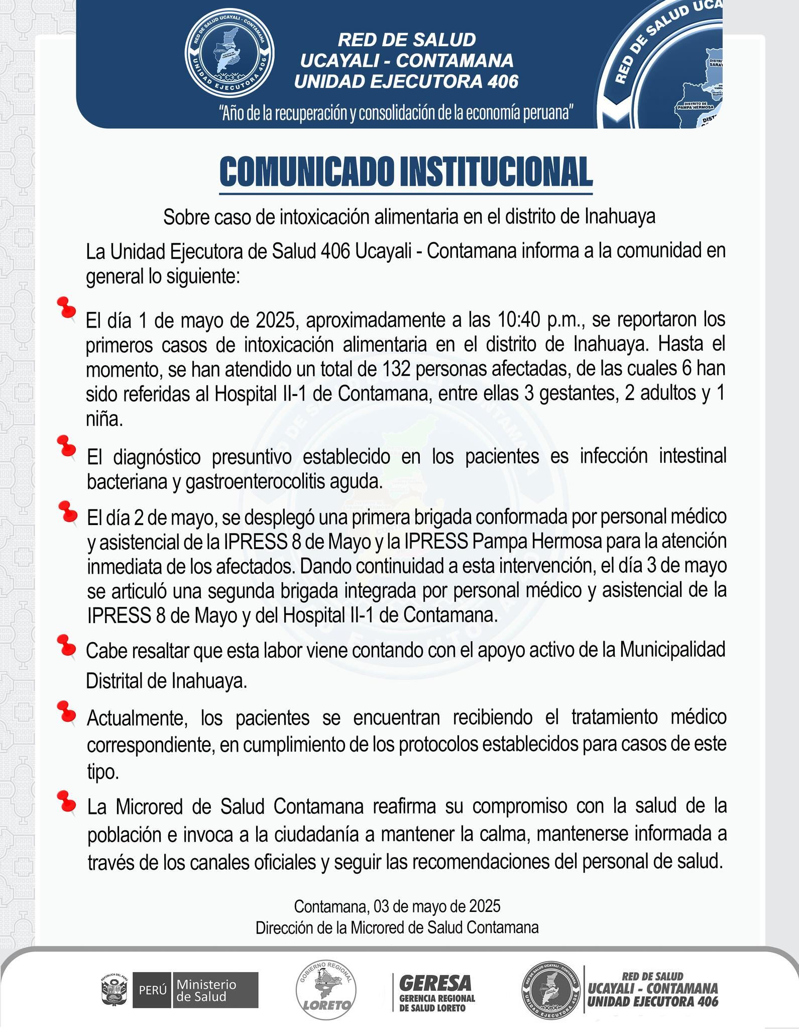 La Red de Salud Ucayali-Contamana emitió un comunicado informando sobre las medidas tomadas para atender a los intoxicados y colaborar con la investigación de las causas del brote.