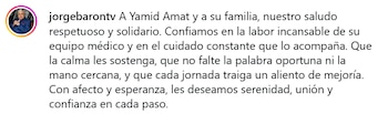 Jorge Barón envió un mensaje de apoyo a Yamid Amat, internado en la Fundación Santa Fe de Bogotá - crédito @jorgebarontv/ Instagram