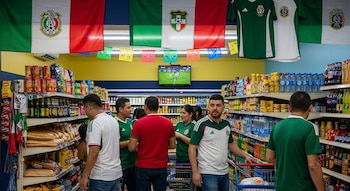 Interior de una tienda con anaqueles llenos de productos. Banderas de México, camisetas de fútbol y varios clientes. Un televisor muestra un partido.