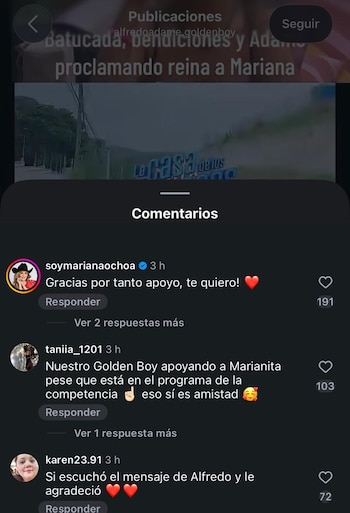 Mariana Ochoa respondió a la publicación de Adame y le agradeció el apoyo mostrado en redes sociales. (Instagram)