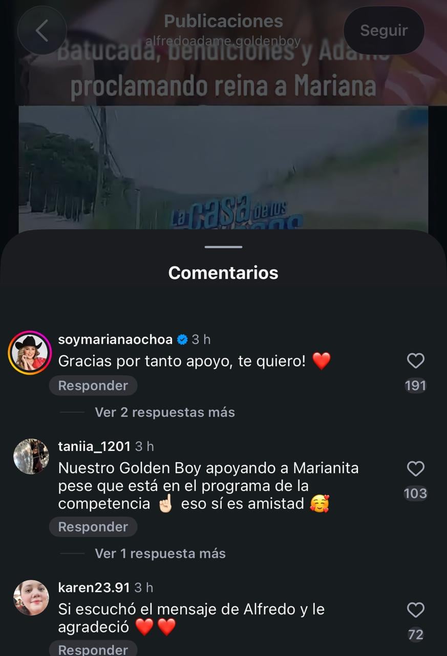 Mariana Ochoa respondió a la publicación de Adame y le agradeció el apoyo mostrado en redes sociales. (Instagram)