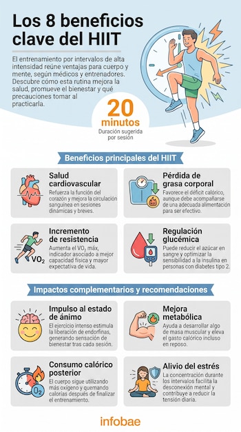 Infografía: hombre trotando, reloj, texto "8 beneficios clave del HIIT". Ocho recuadros con iconos de salud, resistencia, metabolismo y bienestar. Fuente Infobae.