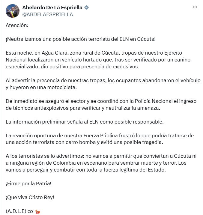El presidente informó que los ocupantes del vehículo huyeron en una motocicleta al advertir la presencia de las tropas. - crédito @ABDELAESPRIELLA/X