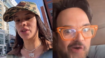 Dos imágenes contiguas: a la izquierda, una mujer con gorra de camuflaje y collar; a la derecha, un hombre con gafas de montura naranja.
