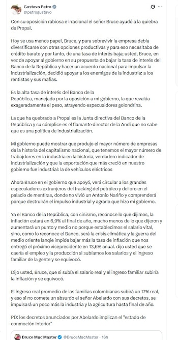 Gustavo Petro le respondió a Mac Master la mañana del sábado 1 de agosto de 2026 - crédito @petrogustavo/X