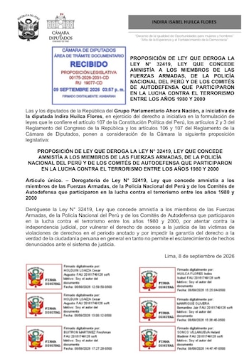 Documento oficial del Congreso del Perú con sello de trámite documentario, texto de proposición de ley y varias firmas digitales