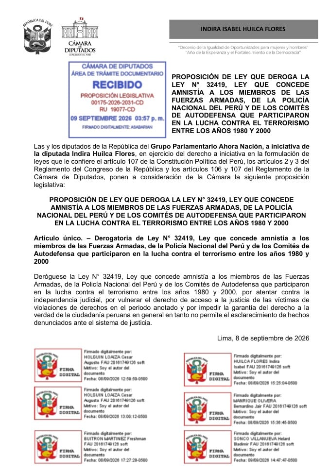 La diputada Indira Huilca Flores presentó un proyecto de ley ante la Cámara de Diputados de Perú para derogar la amnistía a los miembros de las fuerzas armadas y policiales.