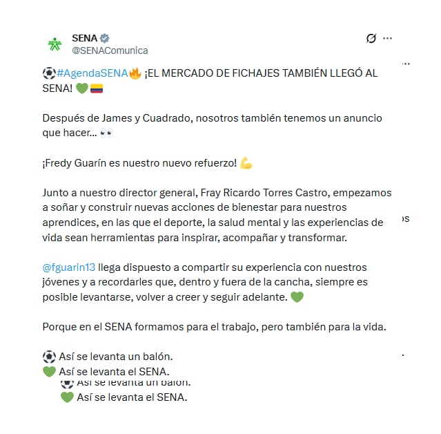 Con este mensaje en su perfil de X, el Sena anunció el 'fichaje' del exfutbolista Fredy Guarín - crédito @SENAComunica/X