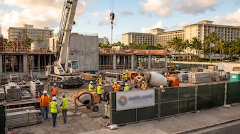 Obreros con chalecos y cascos en una obra en construcción con una grúa, camiones mezcladores de cemento y edificios al fondo.